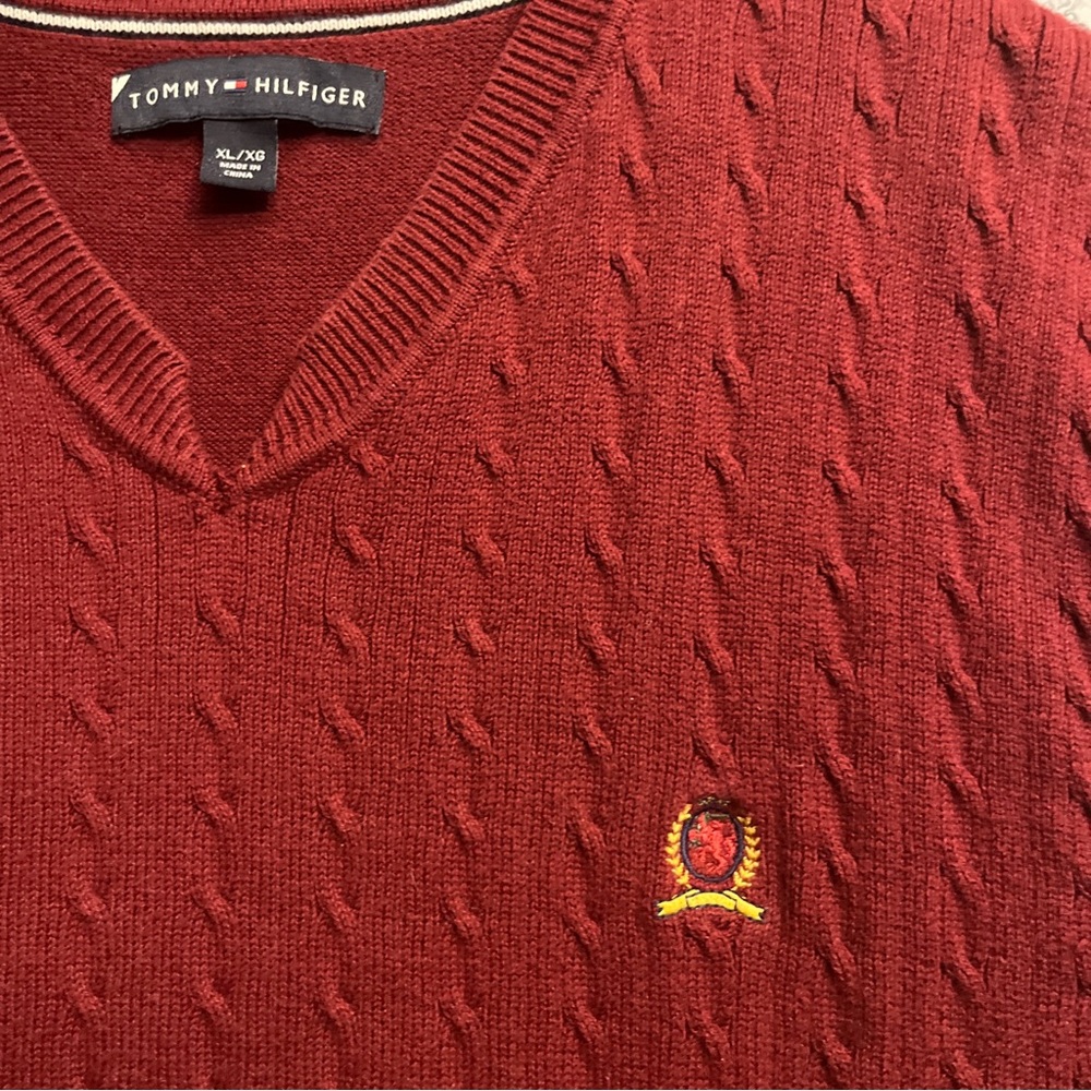 Vintage Tommy Hilfiger Cable Knit Vest Jumper V-Neck Red Mens Size XL